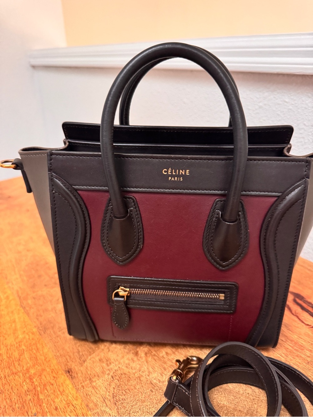 Celine Burgundy and Black Mini Tote with Gold Hardware